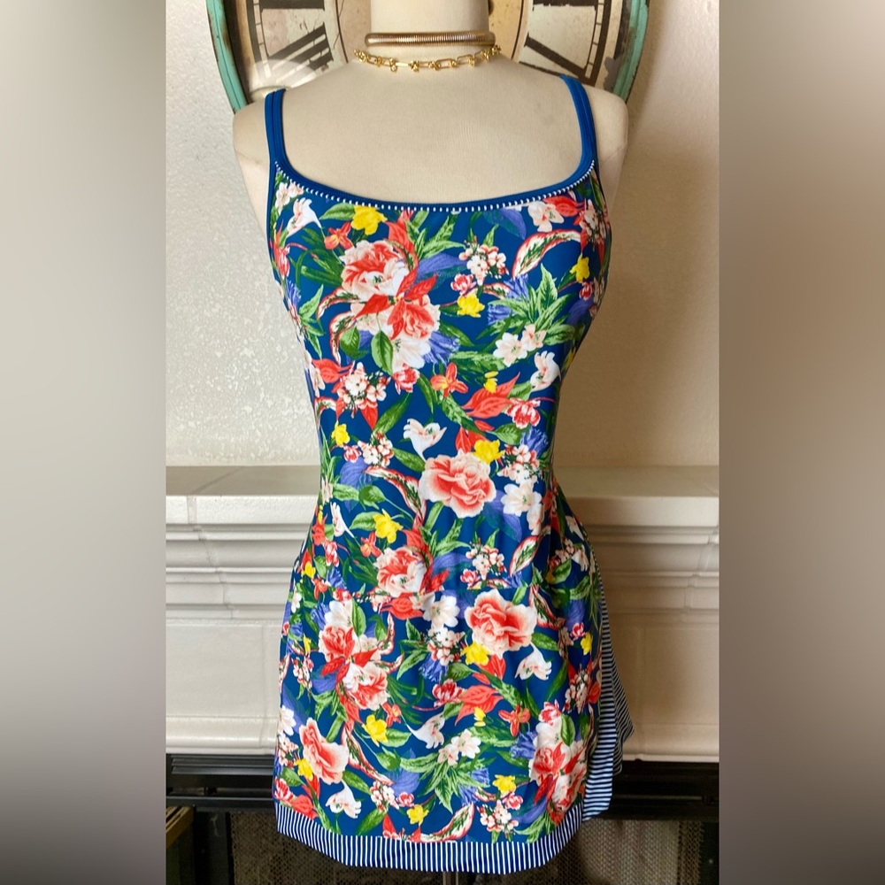 Ellen Tracy One Piece Floral & Stripe Skirted Swimsuit